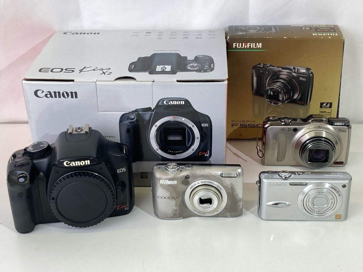 【N1052-j】 Canon EOS Kiss x2 FUJIFILM Fine pix F550 Panasonic LUMIX DMC-FX8 Nikon COOLPIX L26 ジャンク　まとめ デジタルカメラ