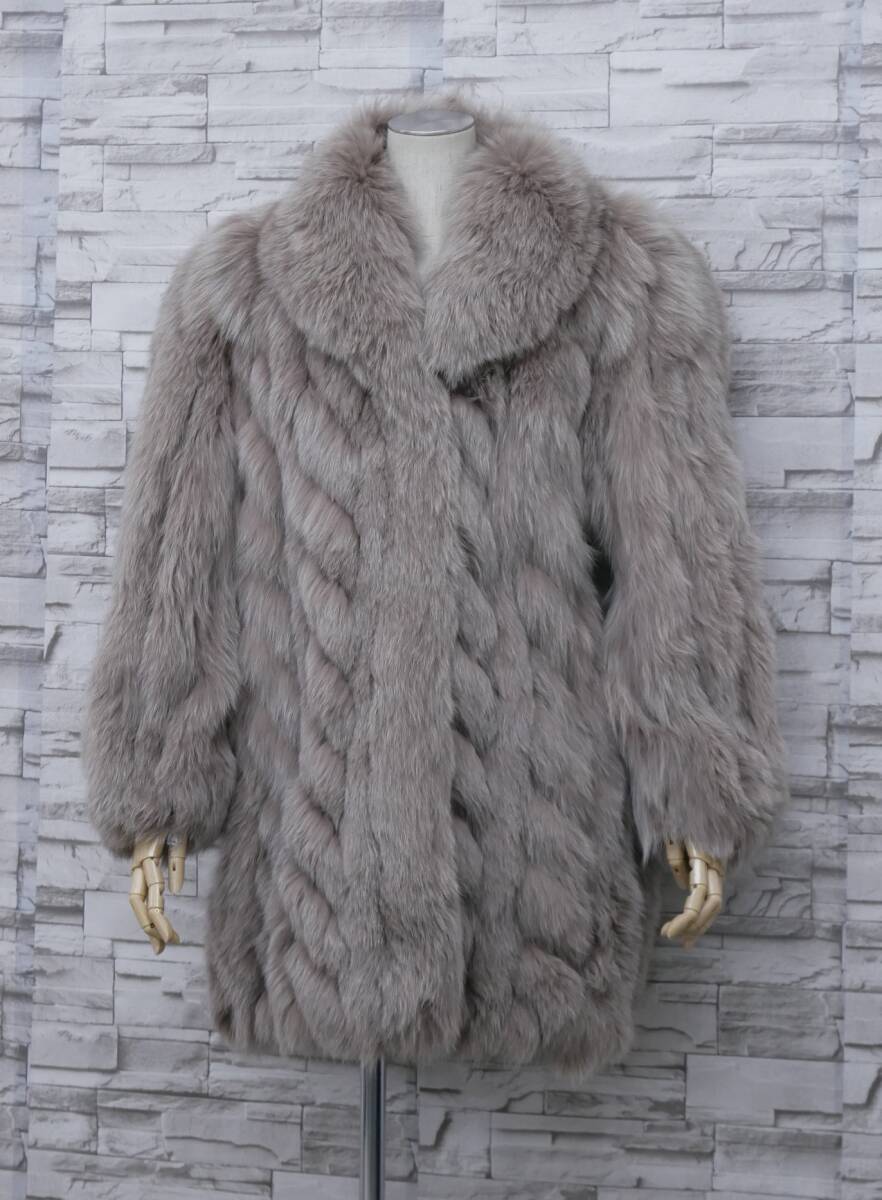 ☆染めブルーフォックス☆セミロングコート☆着丈80cm☆FOND☆袖先ゴム入り☆パープル系☆