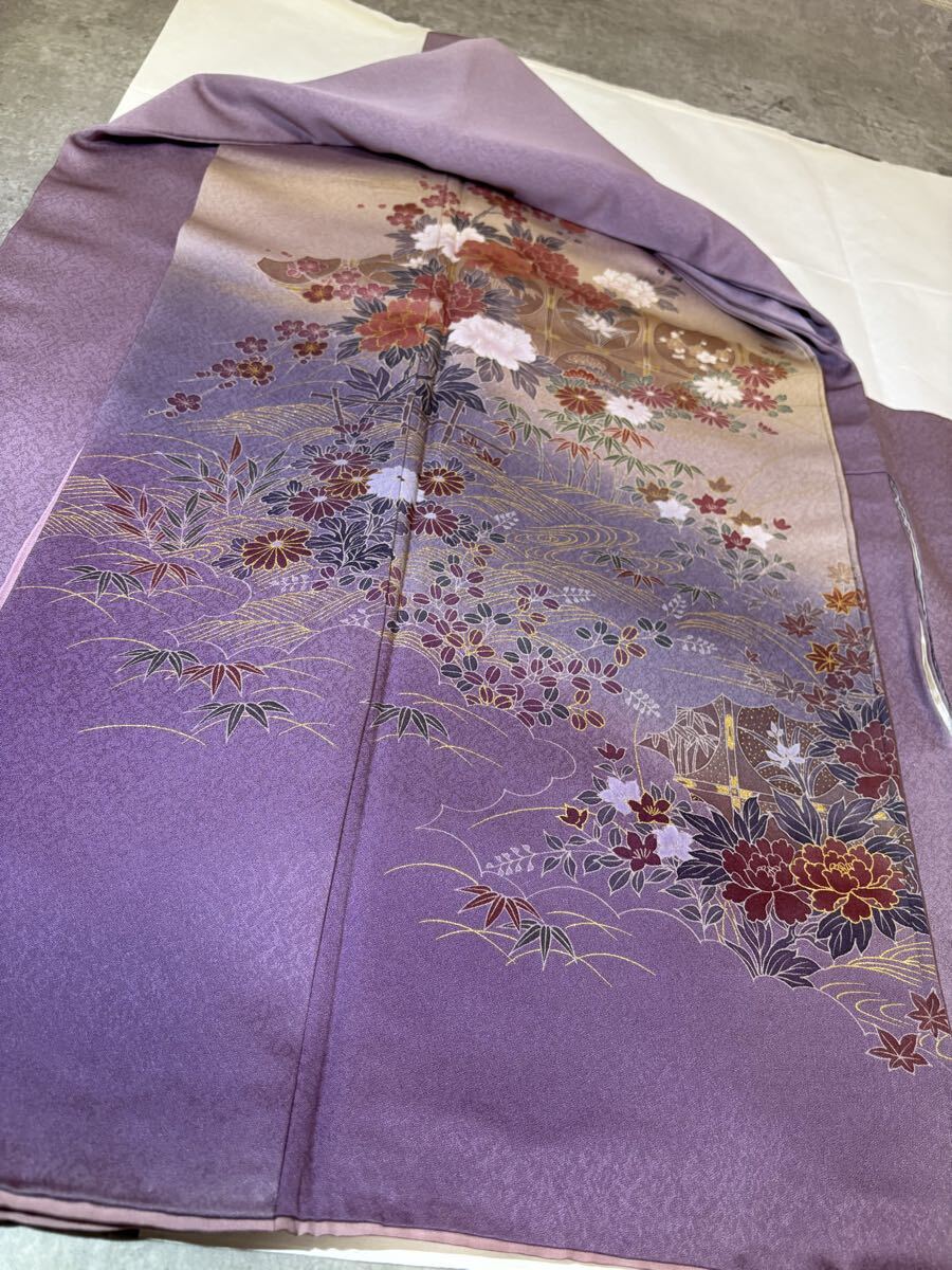 訪問着　正絹　金彩　流水　露草　菊　牡丹　松　梅　紫色地　着物　和服　和装　リメイク　ハンドメイド　生地　衣装　百貨店　高級