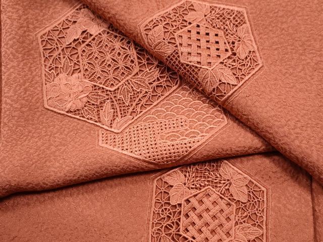 平和屋着物■中国三大刺繍 スワトウ刺繍 総刺繍 訪問着 亀甲草花文 珊瑚朱色 正絹 逸品 CAAS6587yc