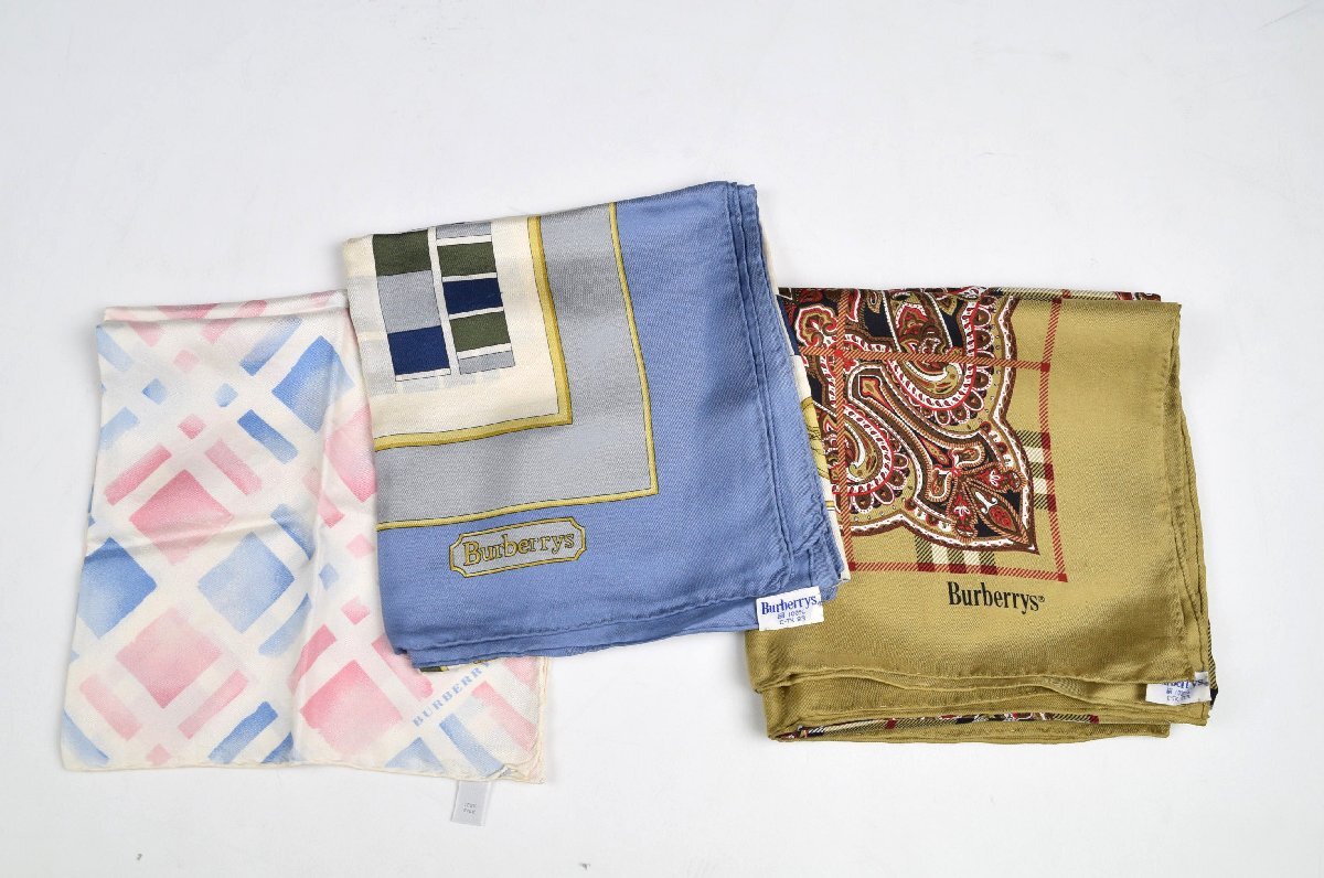 1420-25R0207★Burberrys バーバリーズ★シルクスカーフ3枚セット ベージュ・ブルー・チェック柄