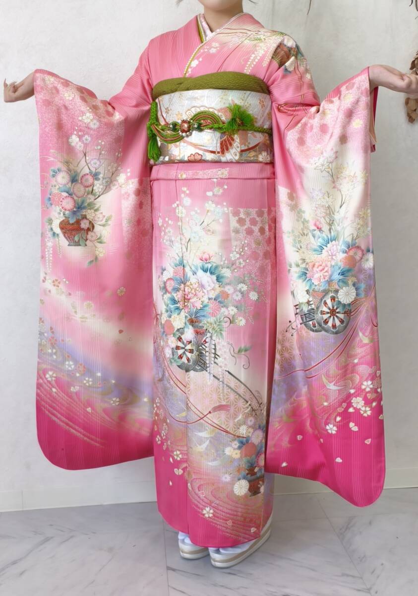 1円～！！【正絹・古典柄】振袖＆長襦袢セット 豪華金彩 鮮やかなピンク 身丈157cm 可愛い花柄長襦袢 重ね衿・腰紐付 昨年着用済 ママ振袖 