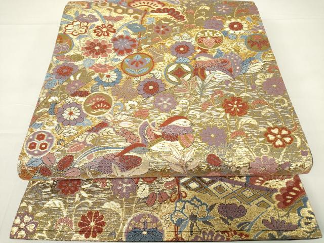 平和屋着物▼六通柄袋帯　鴛鴦花蝶文　金糸　正絹　逸品　DAAY9128az