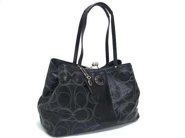 1円 COACH コーチ F19215 シグネチャー パテントレザー がま口 ハンドバッグ トート ショルダー レディース ブラック系 HA1073