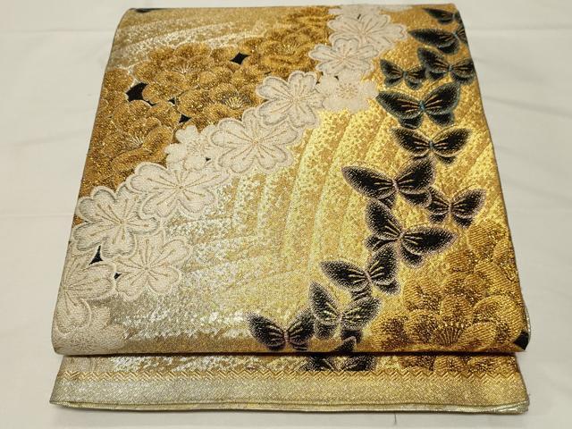 平和屋着物▼両面　六通柄袋帯　舞蝶文　金糸　正絹　逸品　CAAZ6534dy