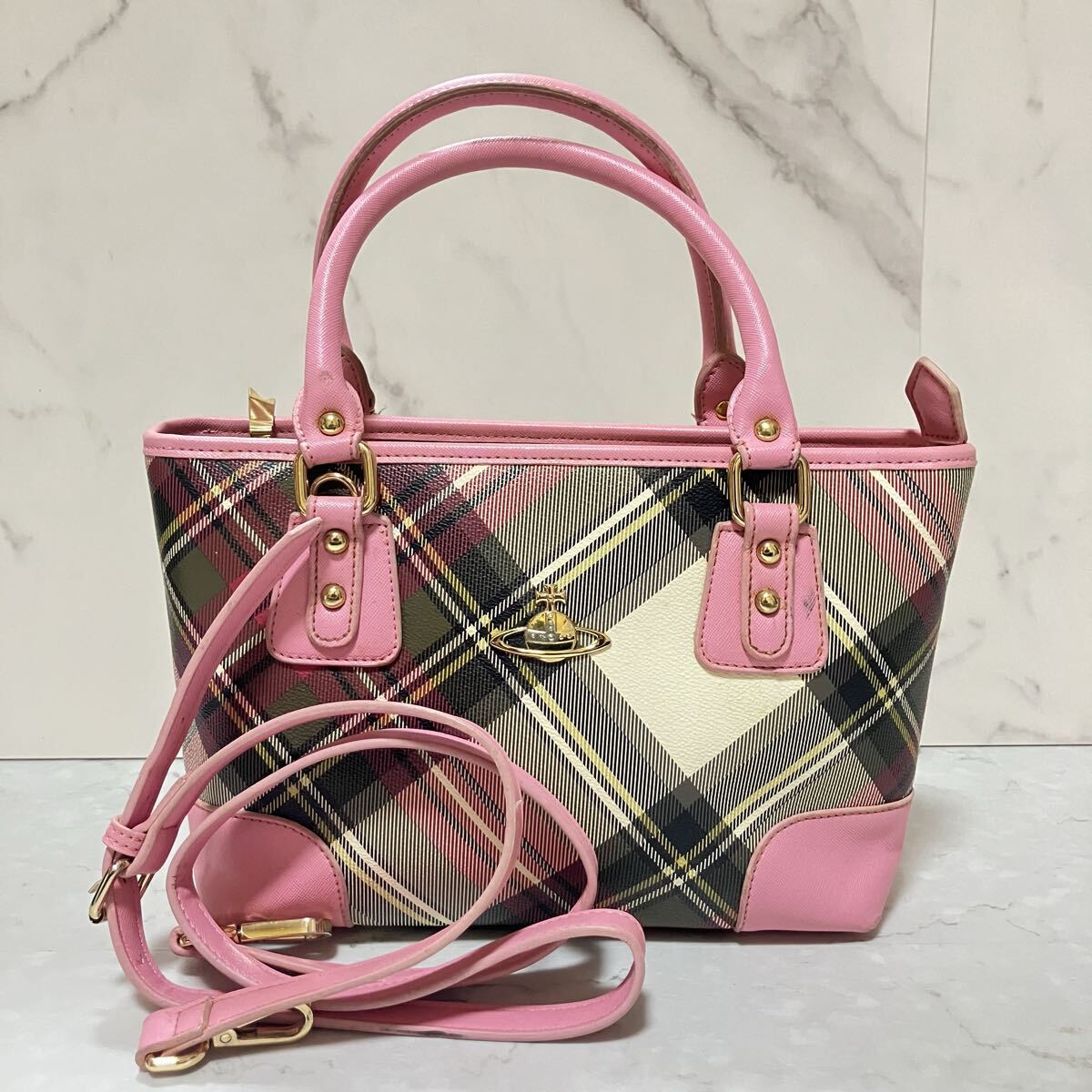 【美品】 Vivienne Westwood ヴィヴィアンウエストウッド チェック柄 2way ショルダーバッグ ハンドバッグ レザー ピンク オーブ ミニ