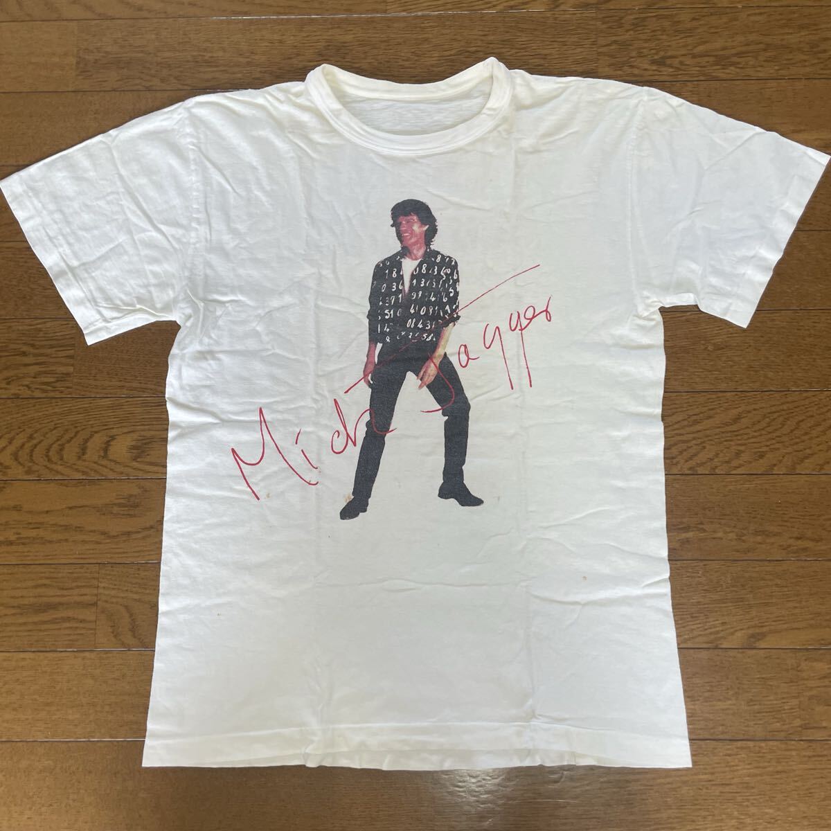 80s Mick Jagger JAPAN Live ホワイト Tシャツ The Rolling Stones ミックジャガー ロックTシャツ 古着 e-34