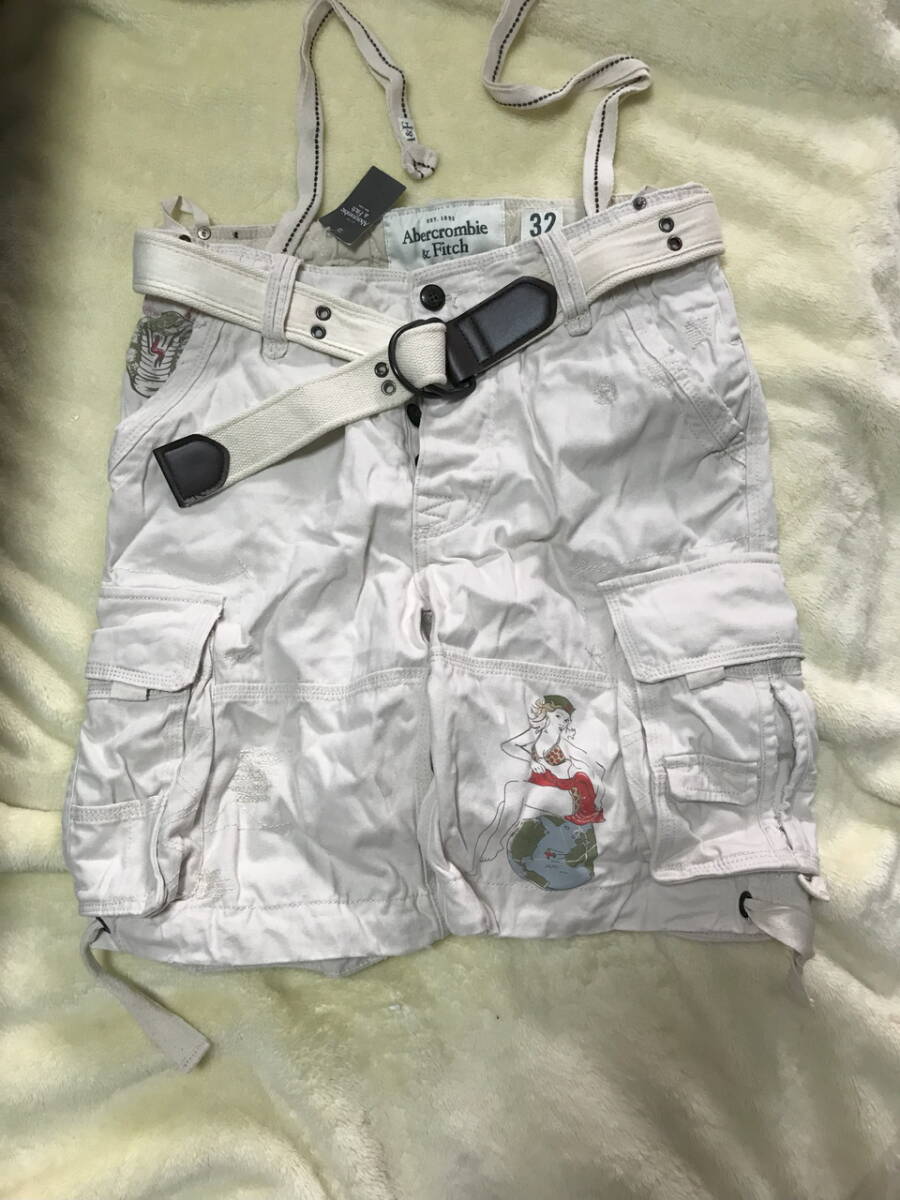 新品 ★ Abercrombie & Fitch 32 パンツ カーゴ ハーフ 白 ベージュ ミリタリー アバクロンビー フィッチ RUEHL No.925 ルール ナンバー