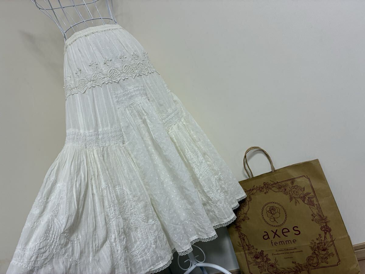 axes femme アクシーズファムノスタルジー☆ レース.刺繍.ドビードット切替コットンティアードスカート☆used ウエストゴム伸びジャンク