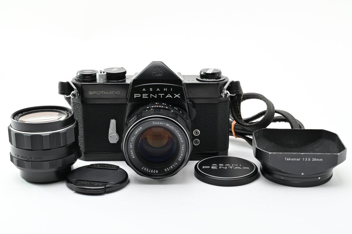 054-60 シャッターOK Asahi Pentax SP + Super-Multi-Coated TAKUMAR 55mm 1:1.8 + 28mm 1:3.5 MFフィルム一眼レフカメラ ペンタックス ※1